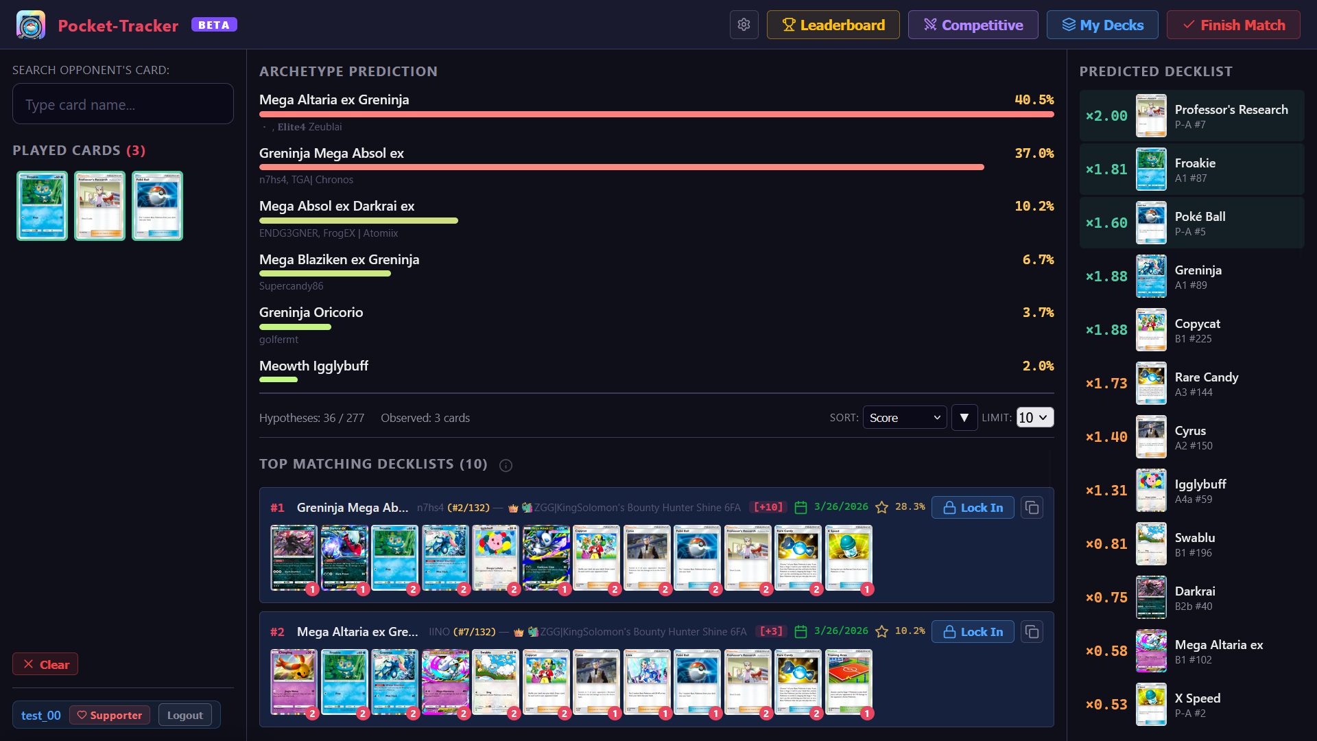 Pocket-Tracker app showing real-time deck prediction